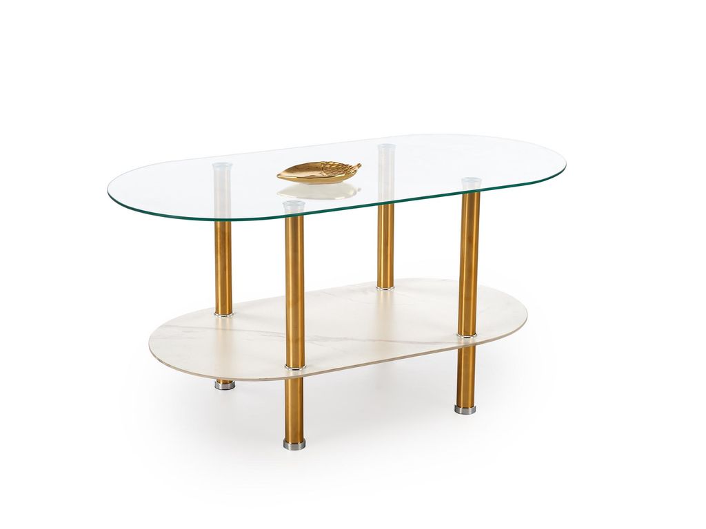 Mesa de Centro DUCAT – branco mármore / transparente / dourado