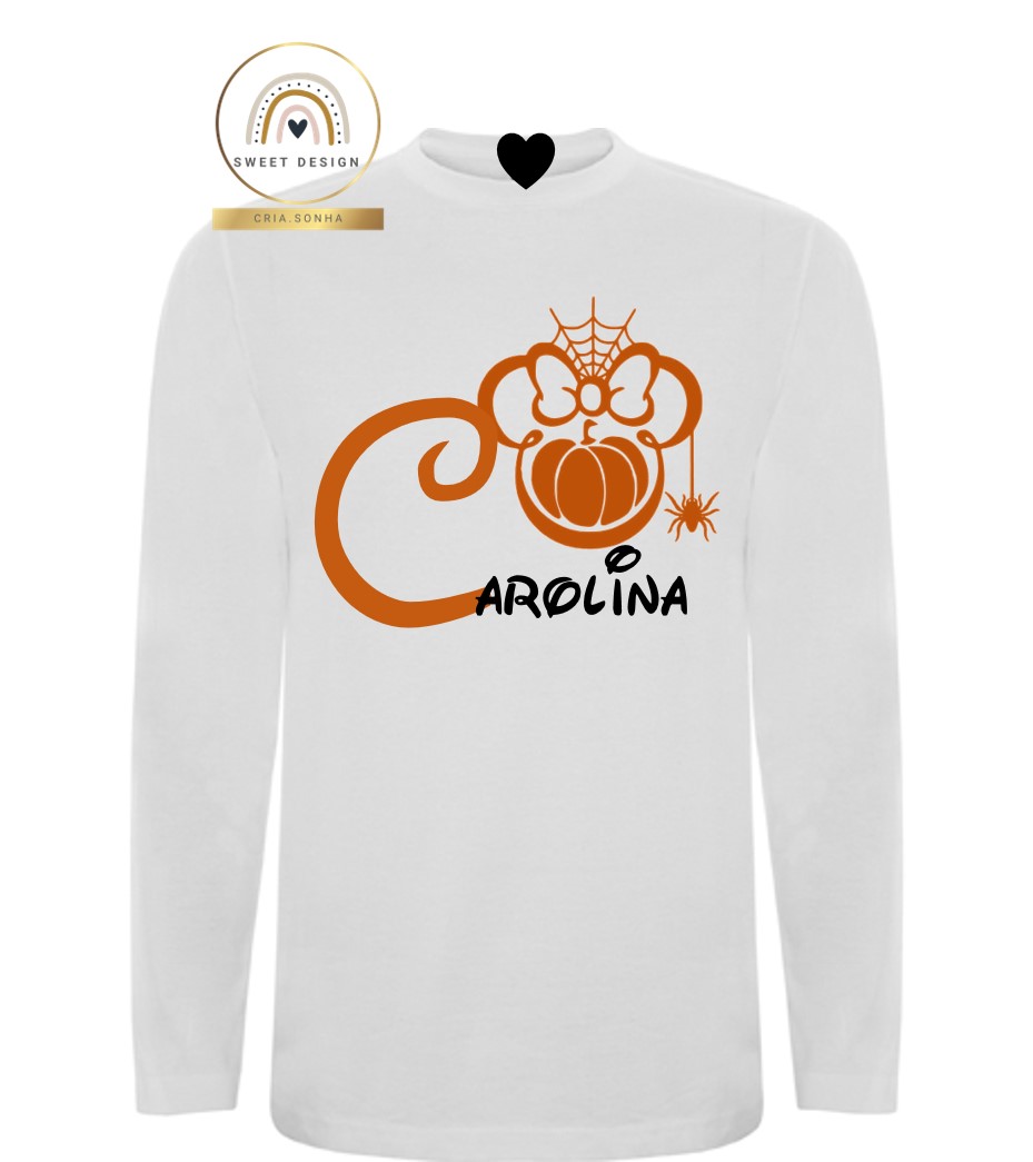 Longsleeve – Halloween – Minnie com abóbora na cabeça com nome