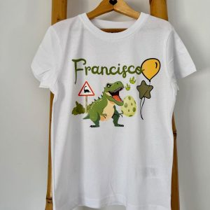 T-Shirt – Dinossauro T-Rex com ovo e balões (com nome)
