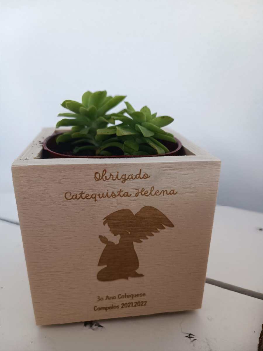 Vaso em madeira com gravação a laser e suculenta – Obrigado “Catequista” (com anjo)